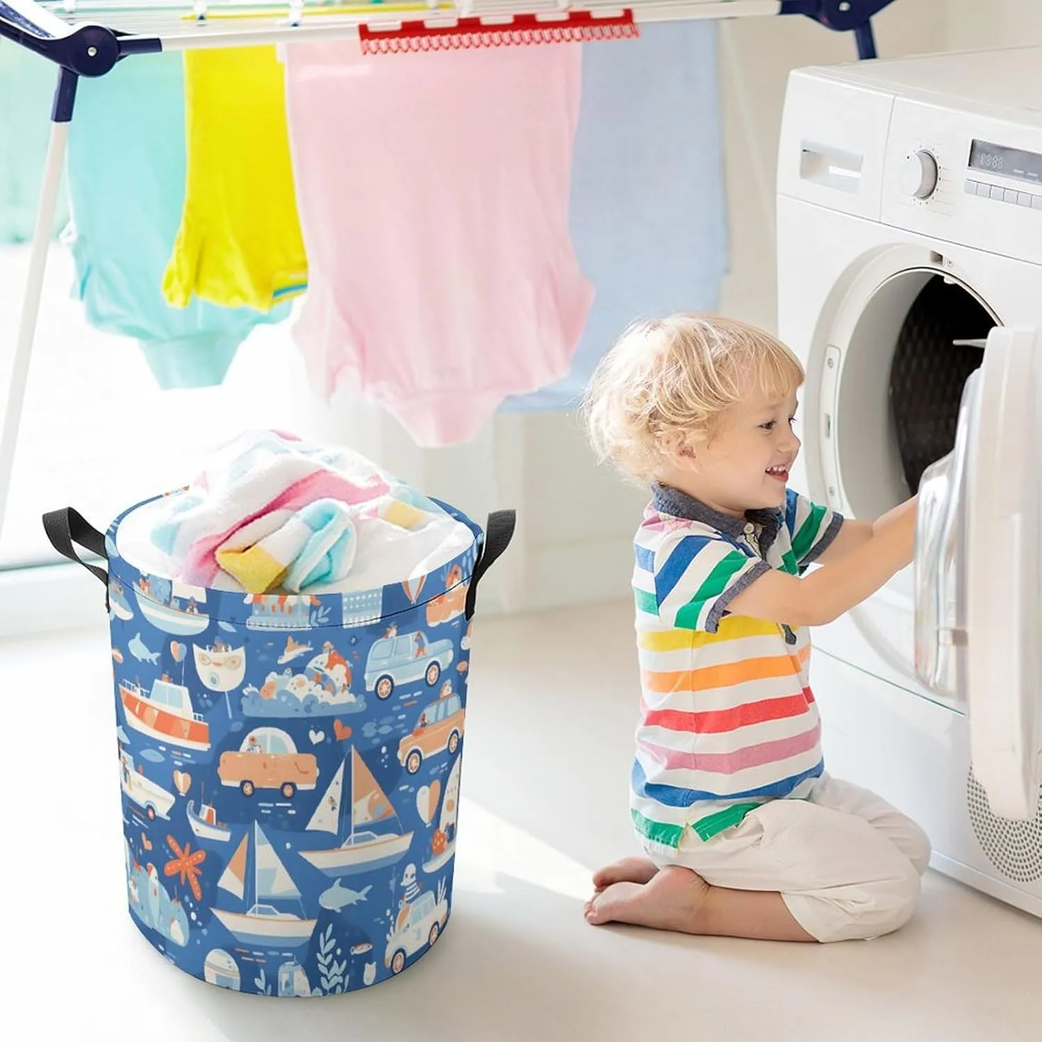 Laundry Hampers, Large Drawstring Laundry Bag, Removable Laundry Bags, Collapsible Storage Bin with Handles for Home Organization, Kids Room, Nursery Electric Blue