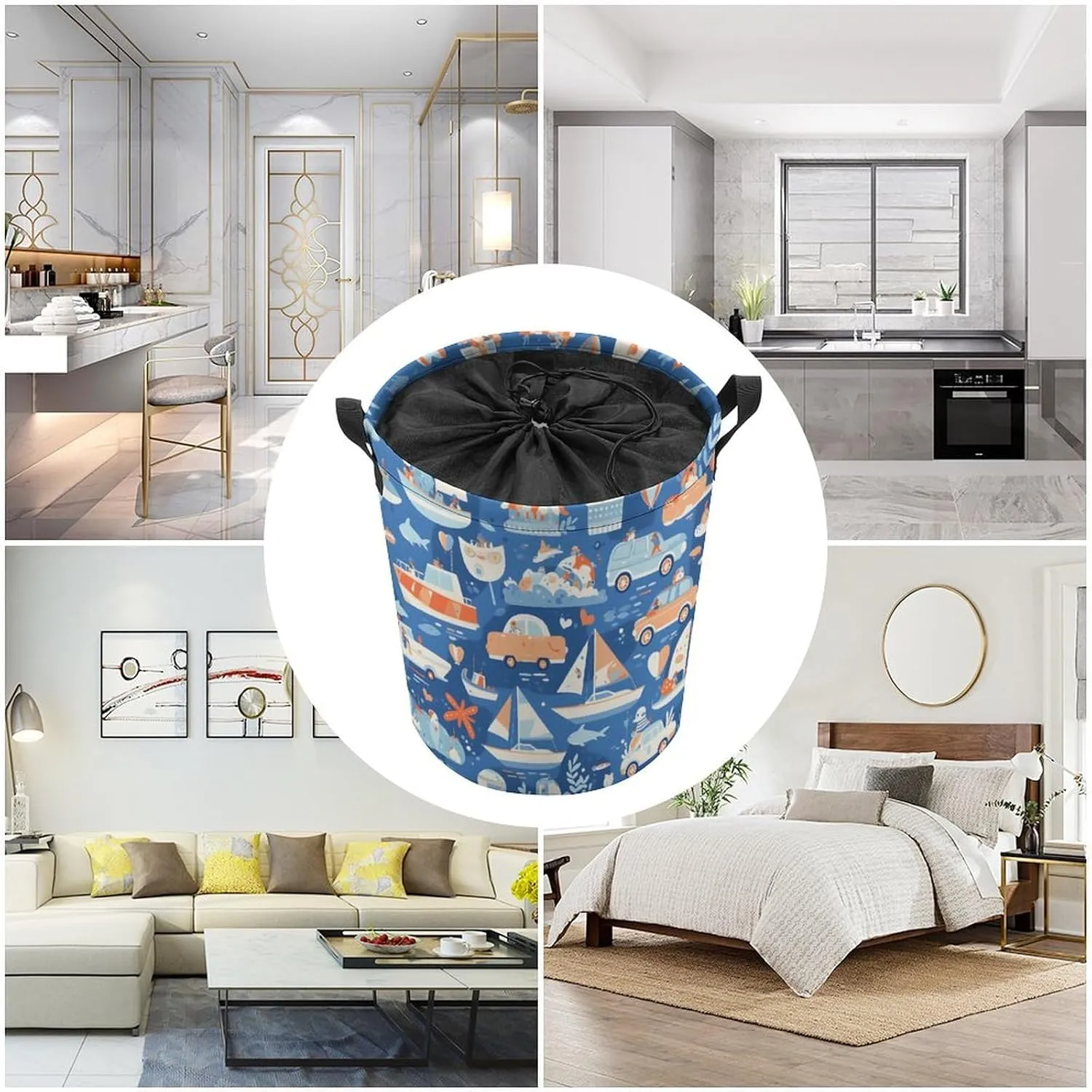 Laundry Hampers, Large Drawstring Laundry Bag, Removable Laundry Bags, Collapsible Storage Bin with Handles for Home Organization, Kids Room, Nursery Electric Blue
