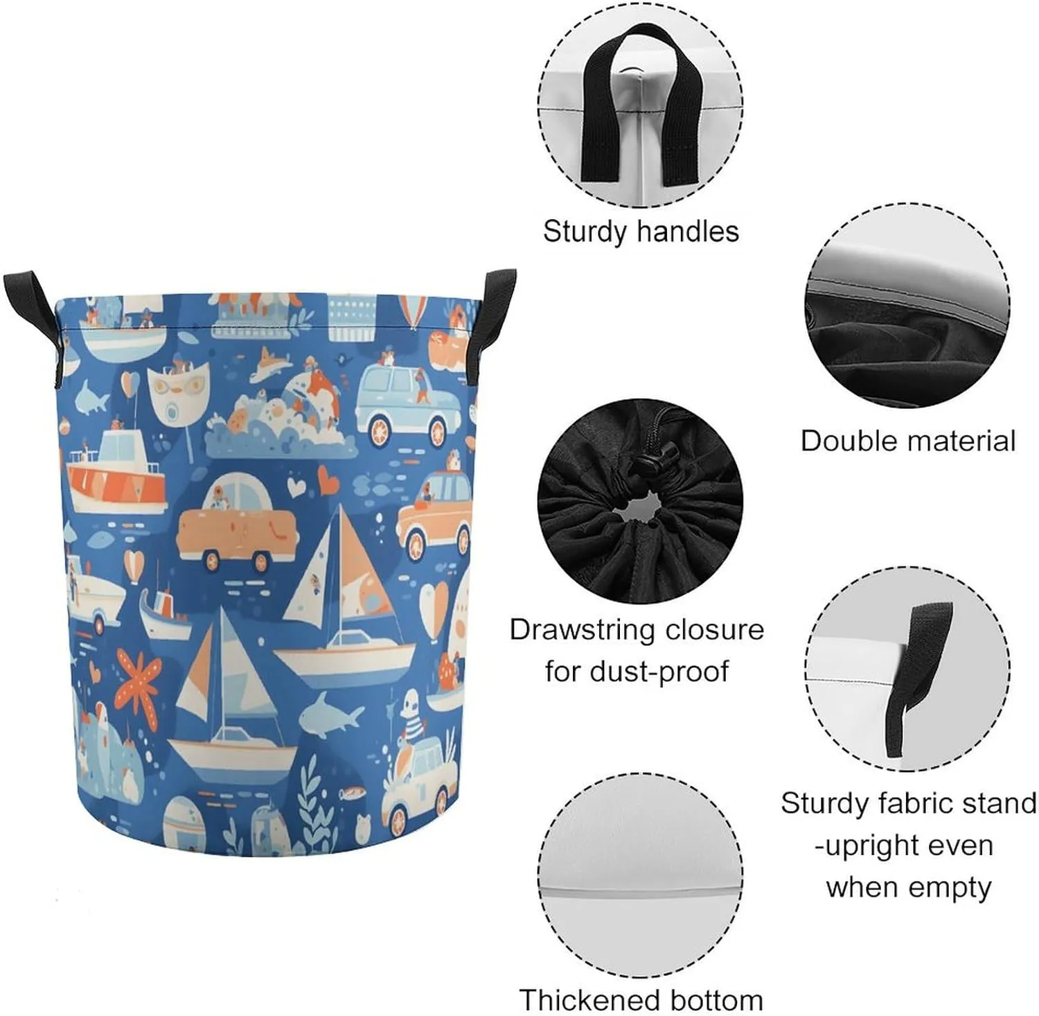 Laundry Hampers, Large Drawstring Laundry Bag, Removable Laundry Bags, Collapsible Storage Bin with Handles for Home Organization, Kids Room, Nursery Electric Blue