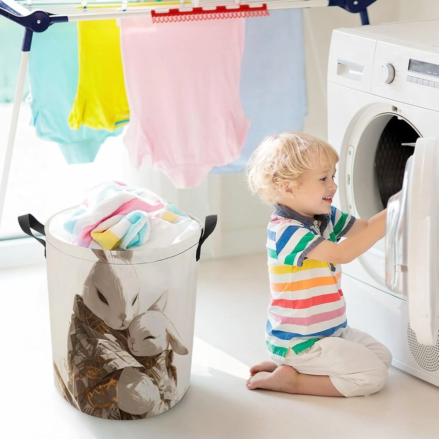 Laundry Hampers, Large Drawstring Laundry Bag, Removable Laundry Bags, Collapsible Storage Bin with Handles for Home Organization, Kids Room, Nursery Illustration