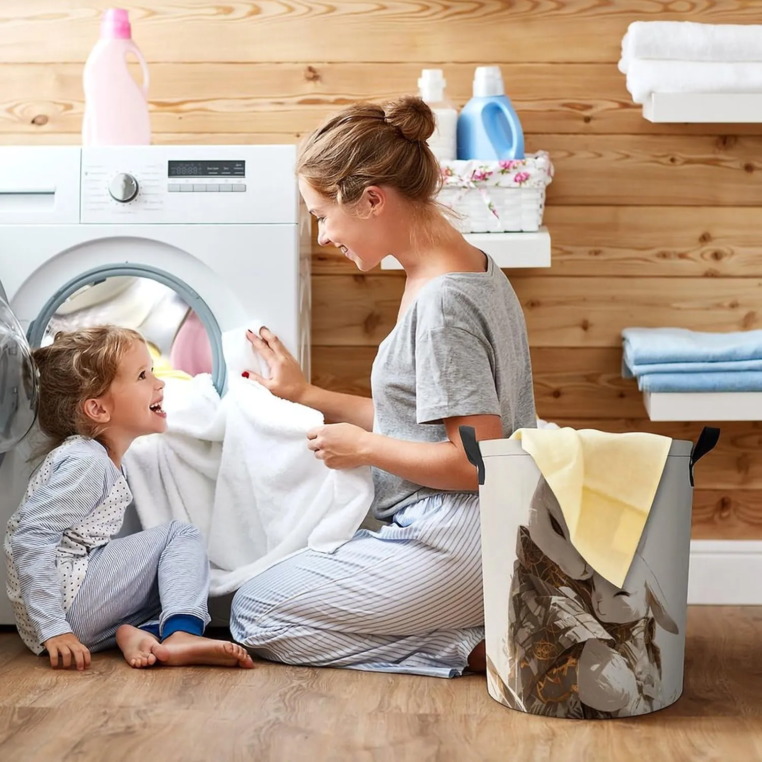 Laundry Hampers, Large Drawstring Laundry Bag, Removable Laundry Bags, Collapsible Storage Bin with Handles for Home Organization, Kids Room, Nursery Illustration