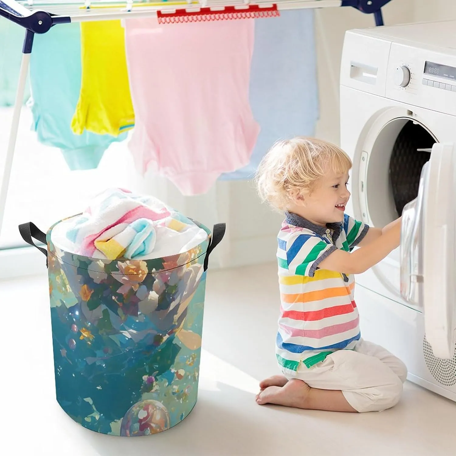 Laundry Hampers, Large Drawstring Laundry Bag, Removable Laundry Bags, Collapsible Storage Bin with Handles for Home Organization, Kids Room, Nursery Plant