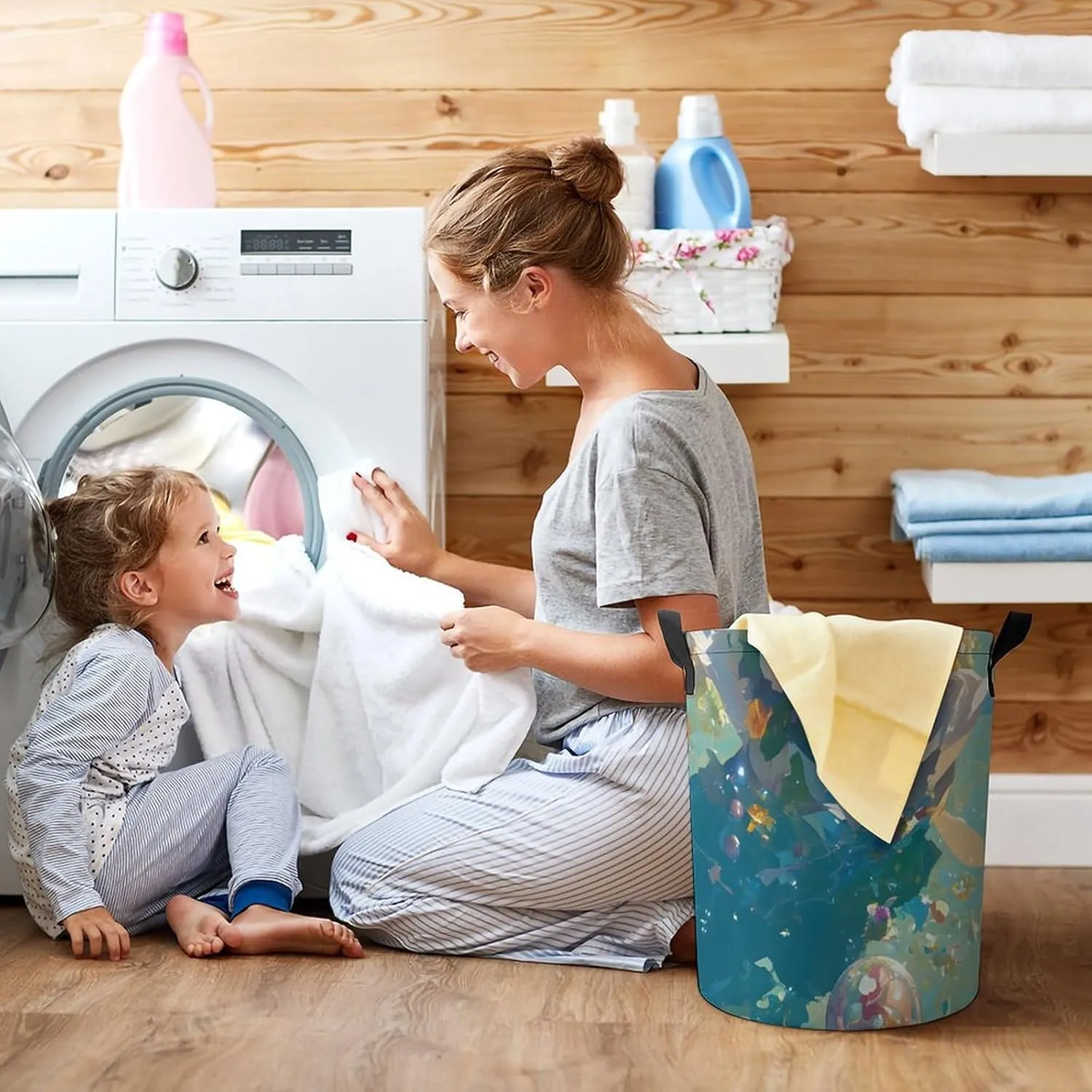 Laundry Hampers, Large Drawstring Laundry Bag, Removable Laundry Bags, Collapsible Storage Bin with Handles for Home Organization, Kids Room, Nursery Plant