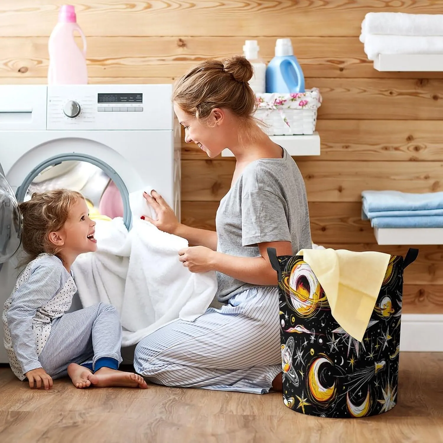 Laundry Hampers, Large Drawstring Laundry Bag, Removable Laundry Bags, Collapsible Storage Bin with Handles for Home Organization, Kids Room, Nursery Science