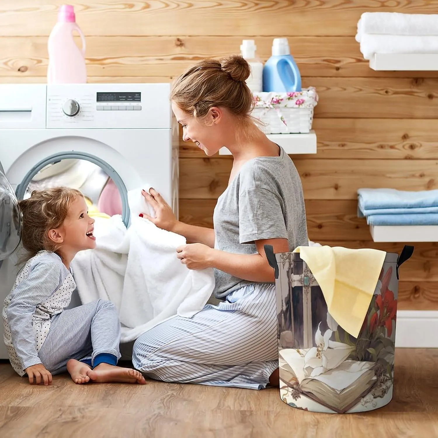 Laundry Hampers, Large Drawstring Laundry Bag, Removable Laundry Bags, Collapsible Storage Bin with Handles for Home Organization, Kids Room, Nursery Terrestrial Plant