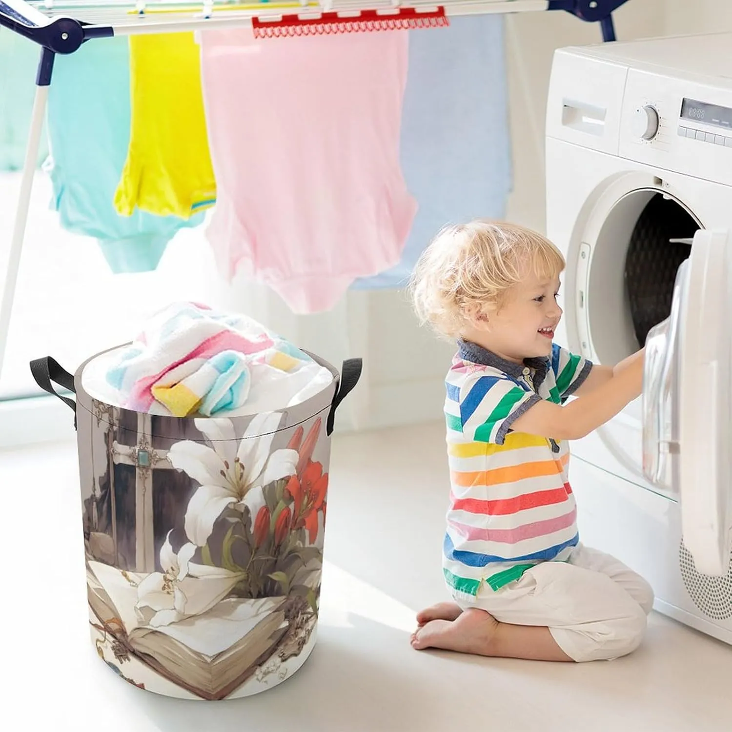 Laundry Hampers, Large Drawstring Laundry Bag, Removable Laundry Bags, Collapsible Storage Bin with Handles for Home Organization, Kids Room, Nursery Terrestrial Plant