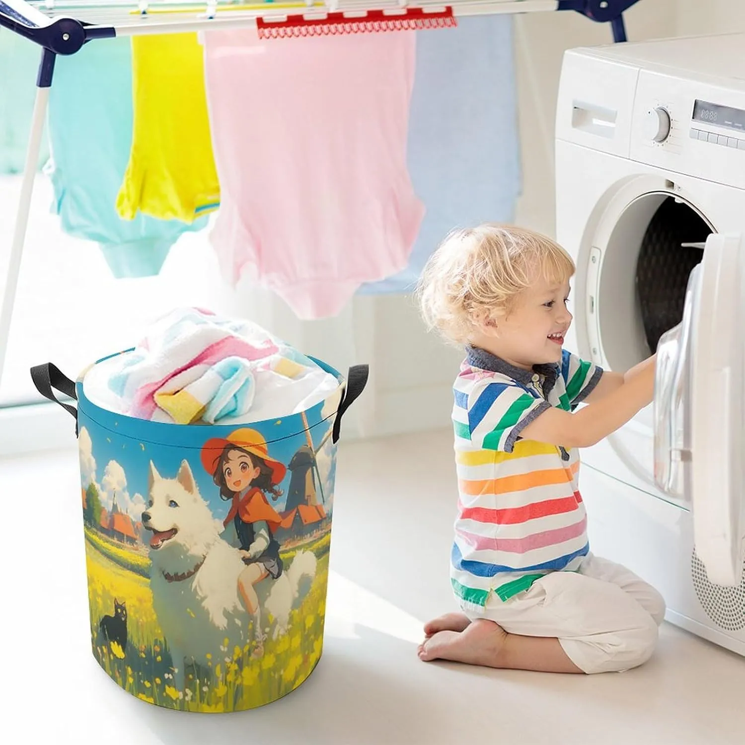 Laundry Hampers, Large Drawstring Laundry Bag, Removable Laundry Bags, Collapsible Storage Bin with Handles for Home Organization, Kids Room, Nursery Vertebrate