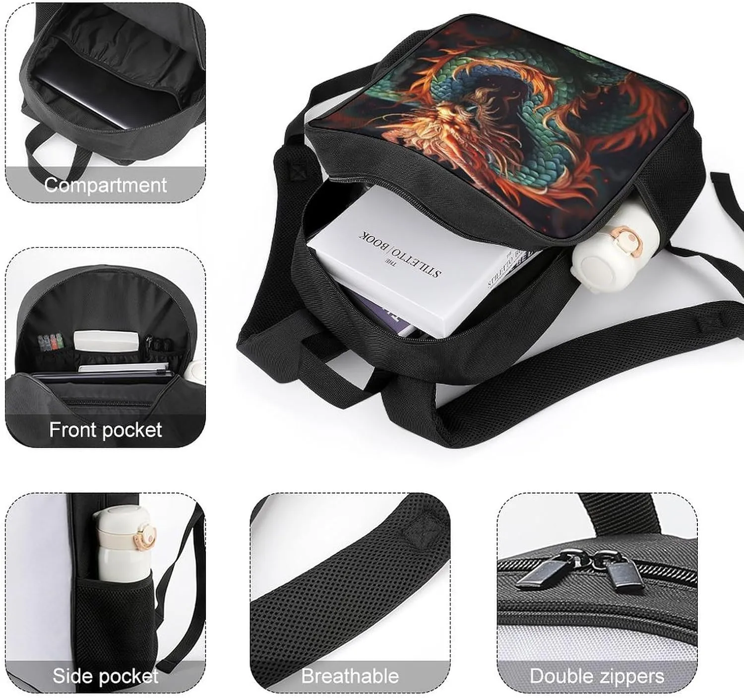Lightweight Backpacks Cute Travel Bag Durable Chinese Serpent Printing Small Travel Backpack For Women & Men