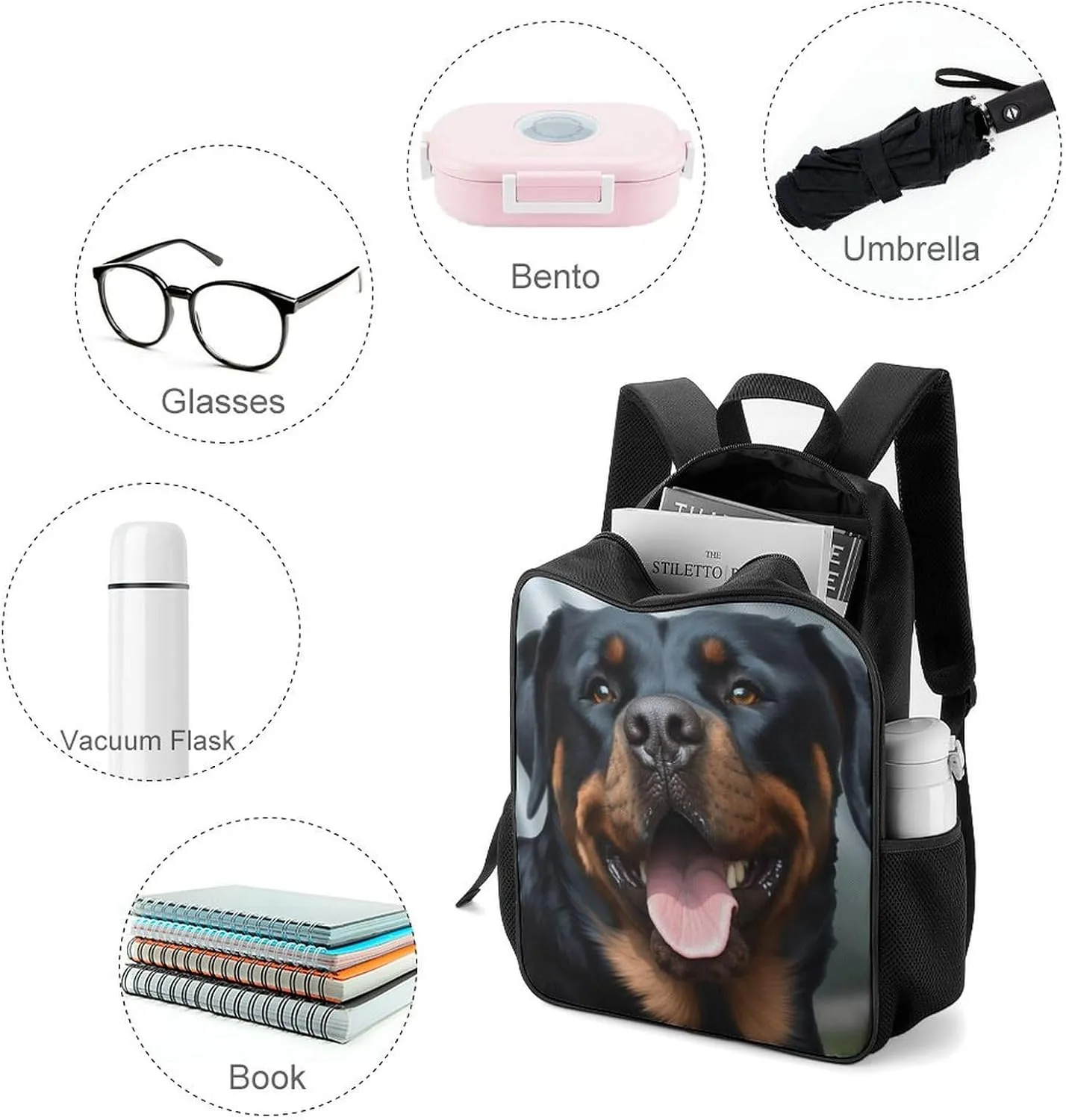 Lightweight Backpacks Cute Travel Bag Durable Rottweiler Dogs Tongue Face Printing Small Travel Backpack For Women & Men
