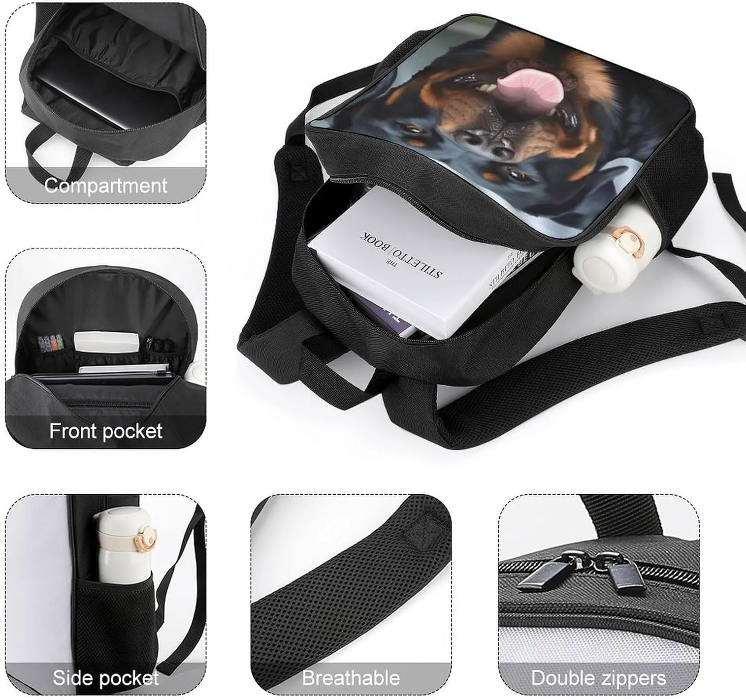 Lightweight Backpacks Cute Travel Bag Durable Rottweiler Dogs Tongue Face Printing Small Travel Backpack For Women & Men