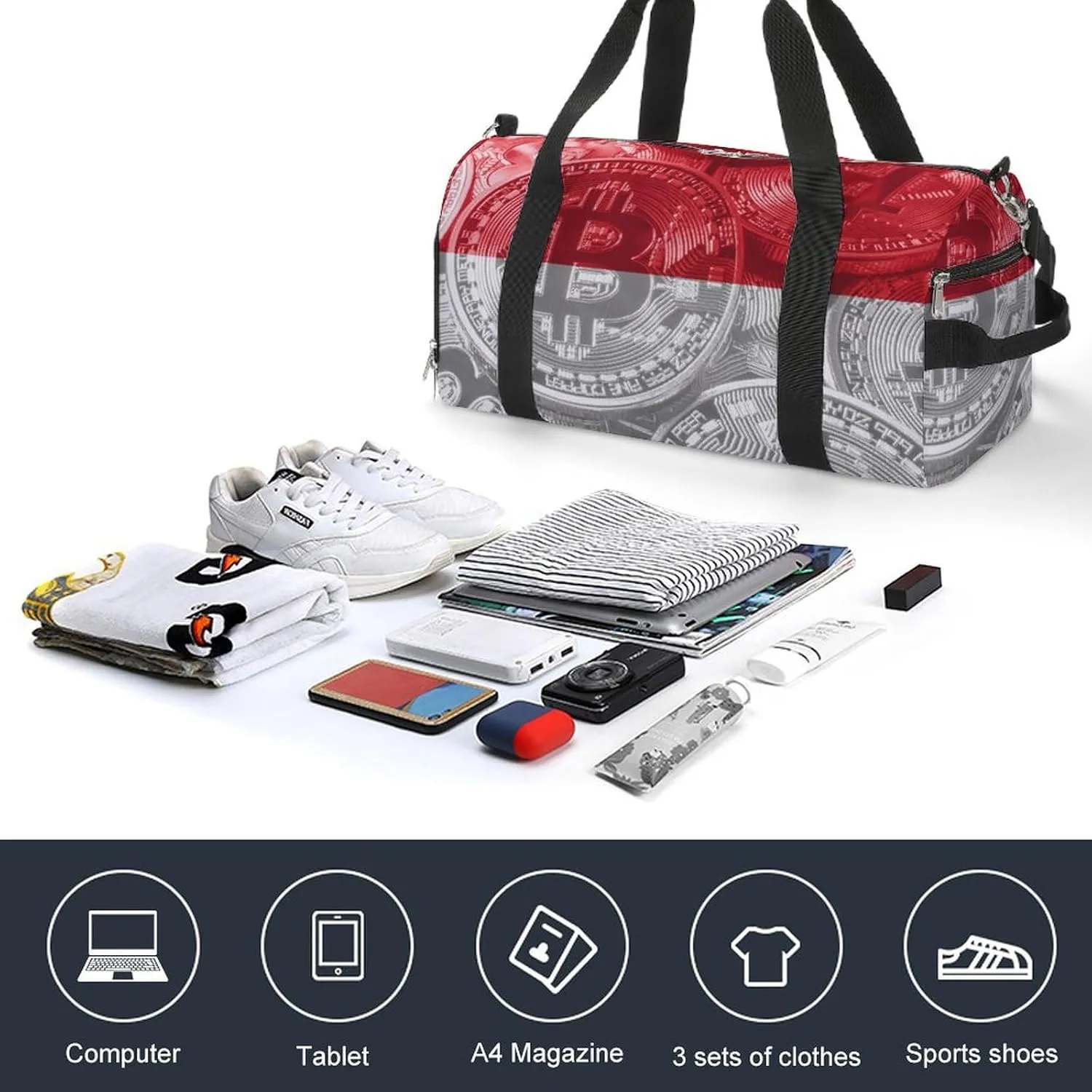 Lightweight Monaco Flag Bitcoin Gym Bag with Shoe Compartment Waterproof Duffel