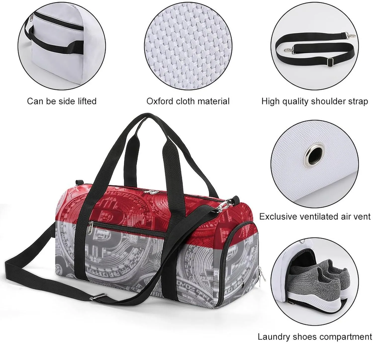 Lightweight Monaco Flag Bitcoin Gym Bag with Shoe Compartment Waterproof Duffel