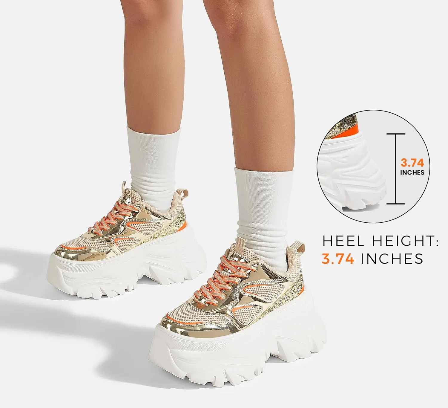 LUCKY STEP Women's Rhinestone Chunky Sneakers Breathable Lace-Up Platform Walking Sneakers Fashion Casual Dad Shoes