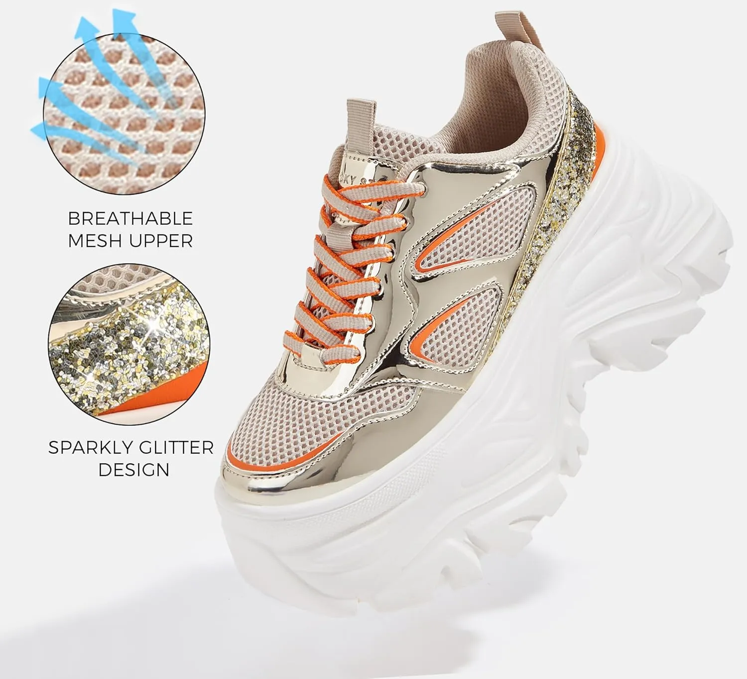 LUCKY STEP Women's Rhinestone Chunky Sneakers Breathable Lace-Up Platform Walking Sneakers Fashion Casual Dad Shoes