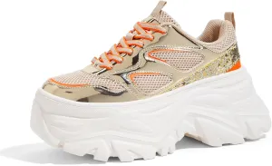 LUCKY STEP Women's Rhinestone Chunky Sneakers Breathable Lace-Up Platform Walking Sneakers Fashion Casual Dad Shoes