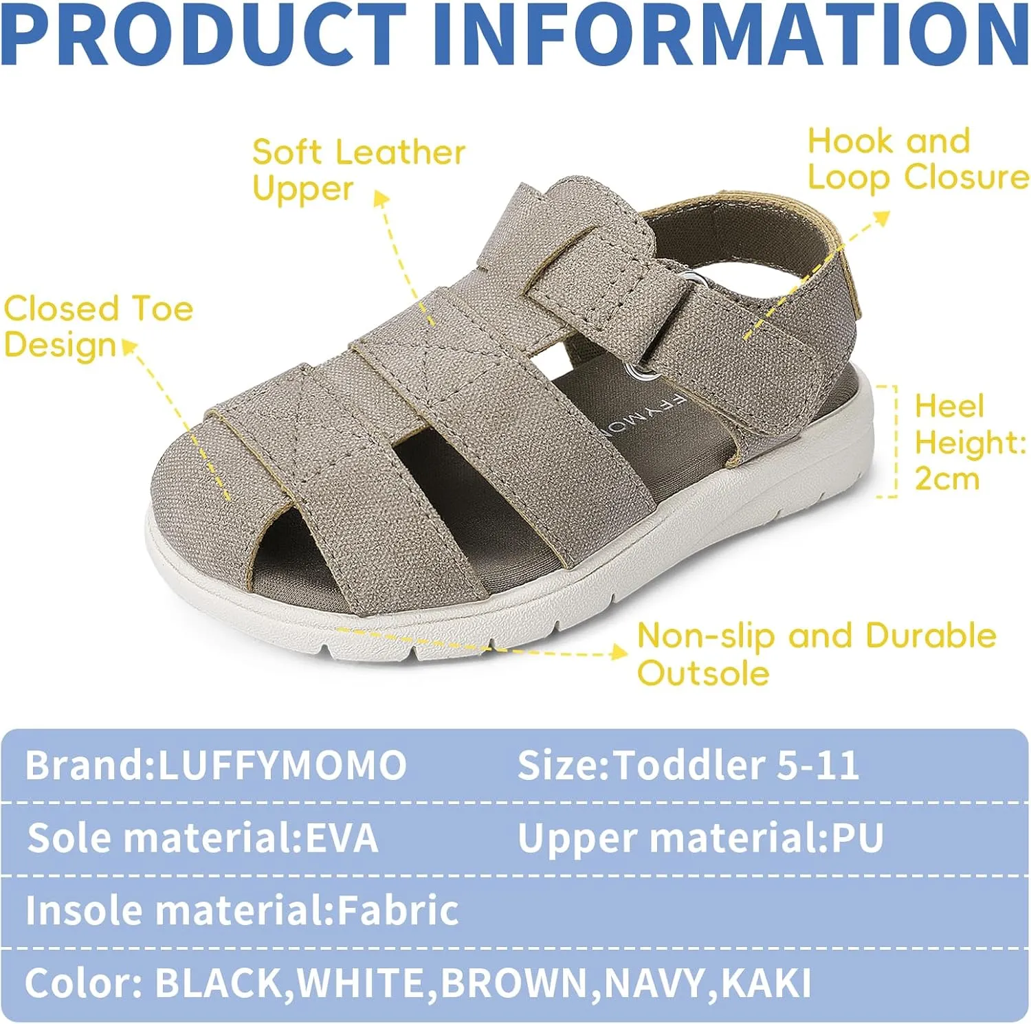 Luffymomo Boys Girls Sandals Closed Toe Lightweight Shoes Adjustable Beach Summer Sandal for Toddler Kids