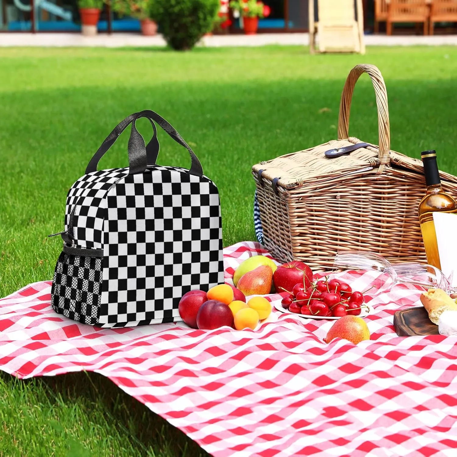 Lunch Bag Insulated Lunch Box Reusable/Washable/Durable Lunchbox Lightweight Lunch Tote Bag (Checkered, One Size)