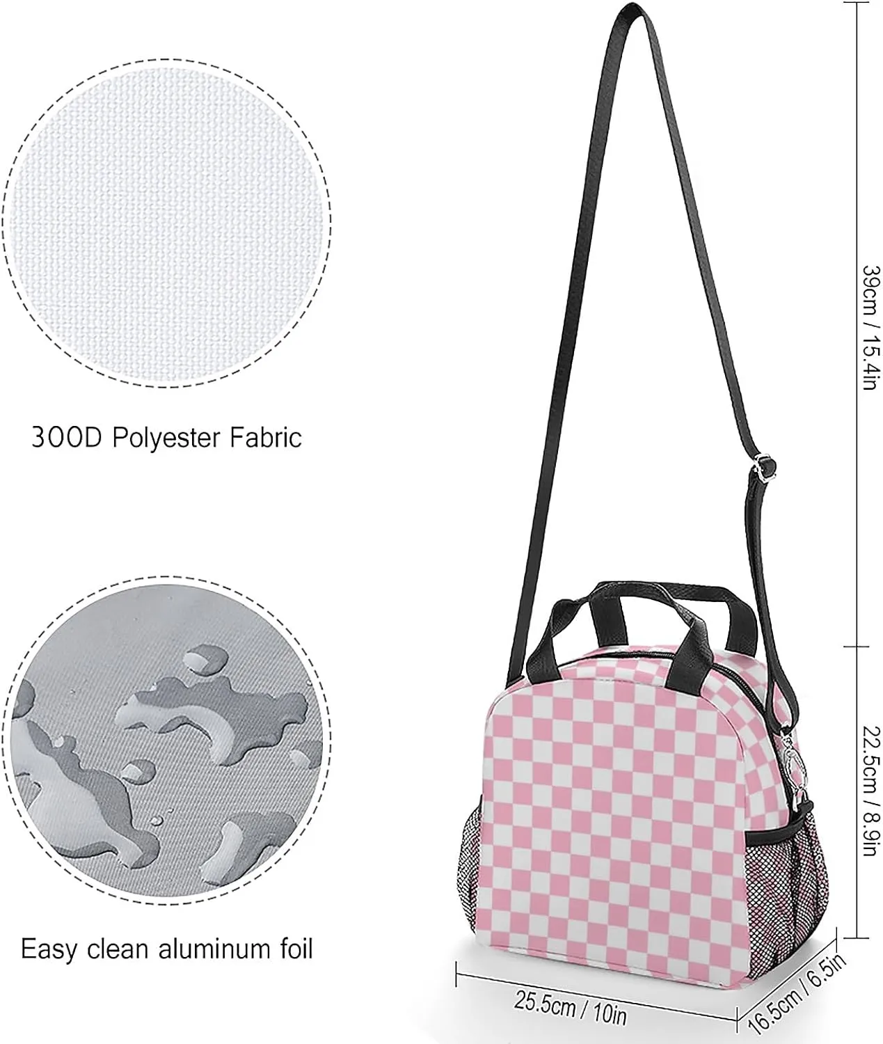Lunch Bag Insulated Lunch Box Reusable/Washable/Durable Lunchbox Lightweight Lunch Tote Bag (Pink Checkered, One Size)