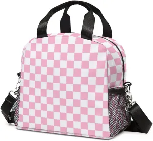 Lunch Bag Insulated Lunch Box Reusable/Washable/Durable Lunchbox Lightweight Lunch Tote Bag (Pink Checkered, One Size)