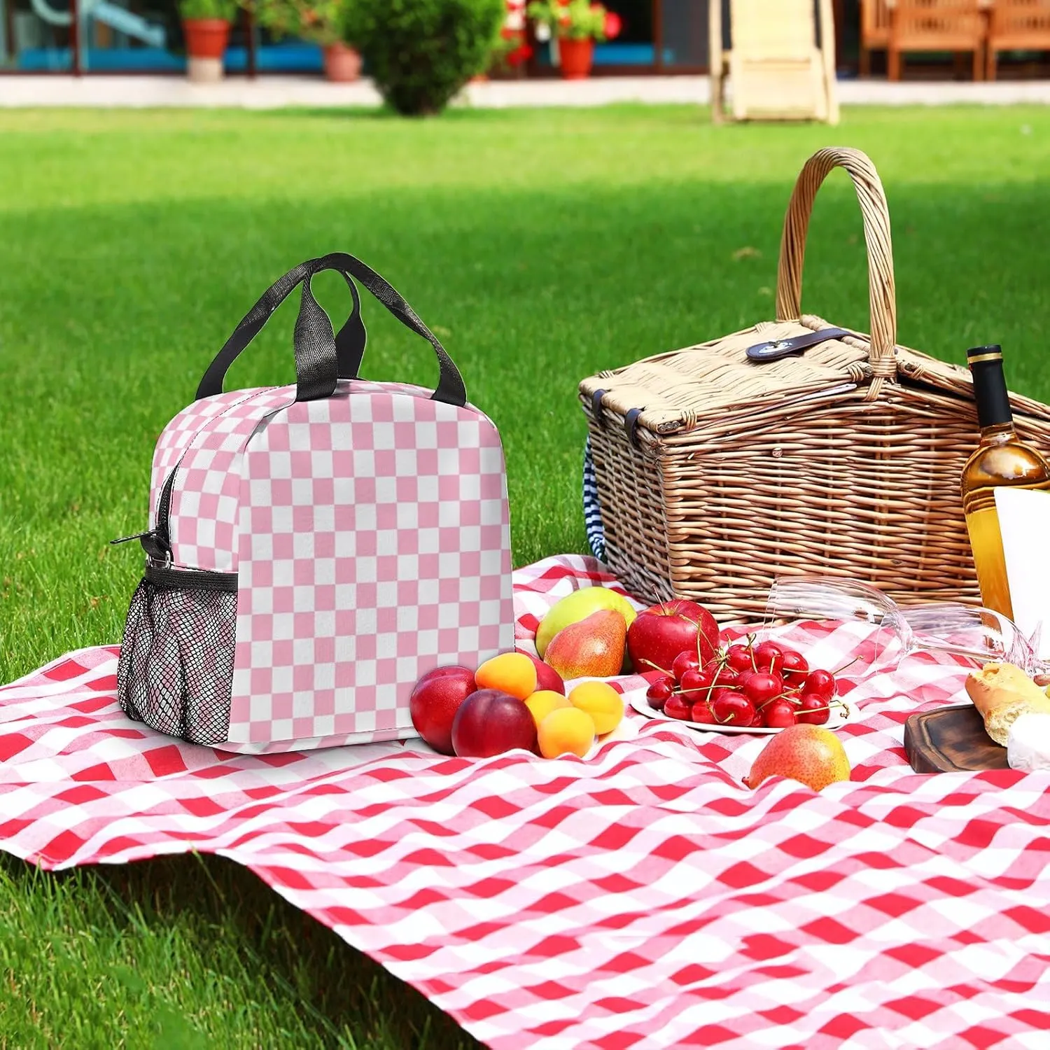 Lunch Bag Insulated Lunch Box Reusable/Washable/Durable Lunchbox Lightweight Lunch Tote Bag (Pink Checkered, One Size)
