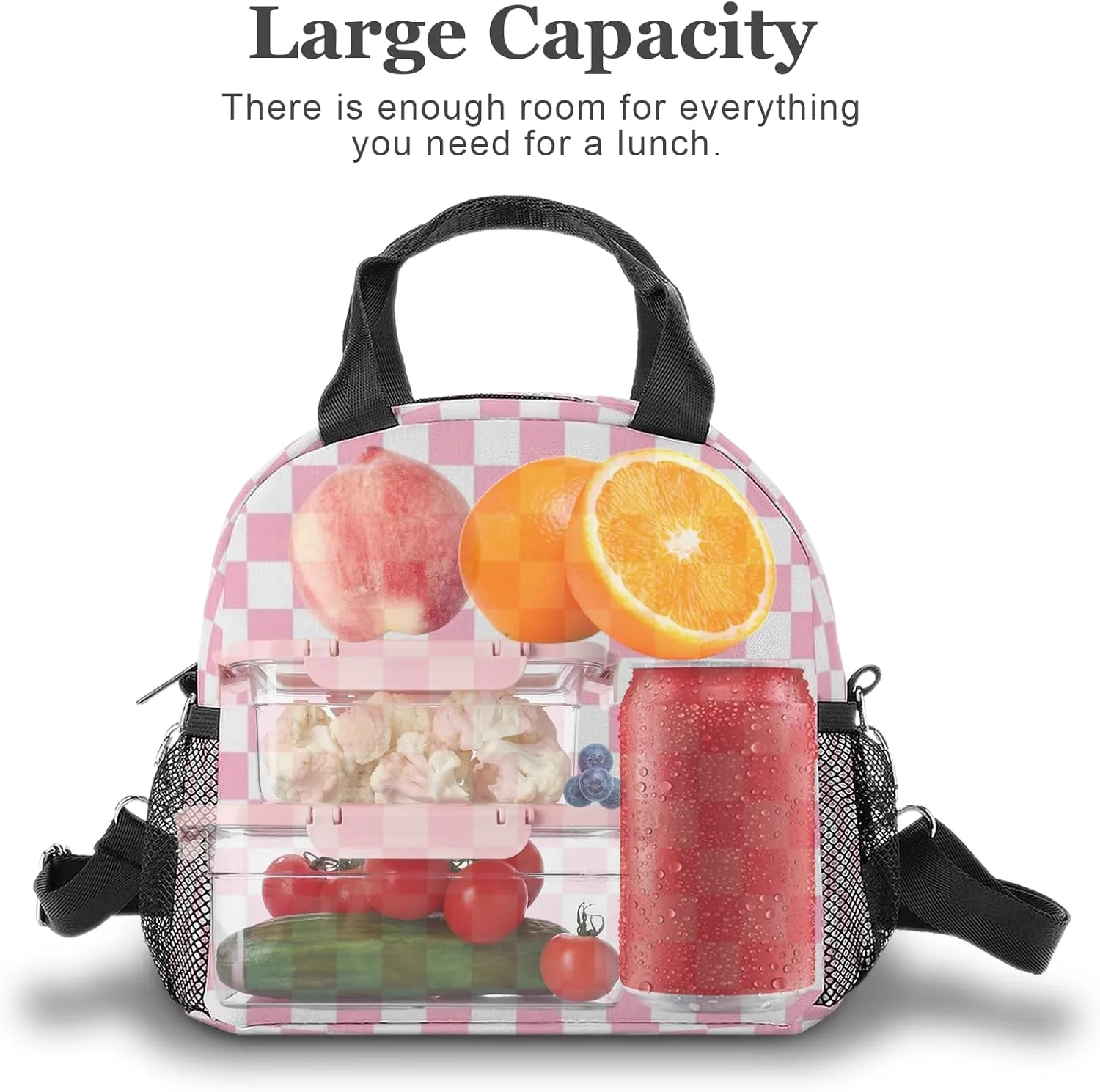 Lunch Bag Insulated Lunch Box Reusable/Washable/Durable Lunchbox Lightweight Lunch Tote Bag (Pink Checkered, One Size)