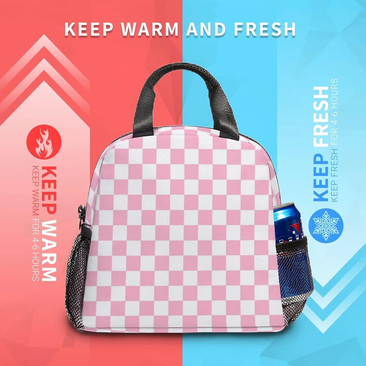 Lunch Bag Insulated Lunch Box Reusable/Washable/Durable Lunchbox Lightweight Lunch Tote Bag (Pink Checkered, One Size)