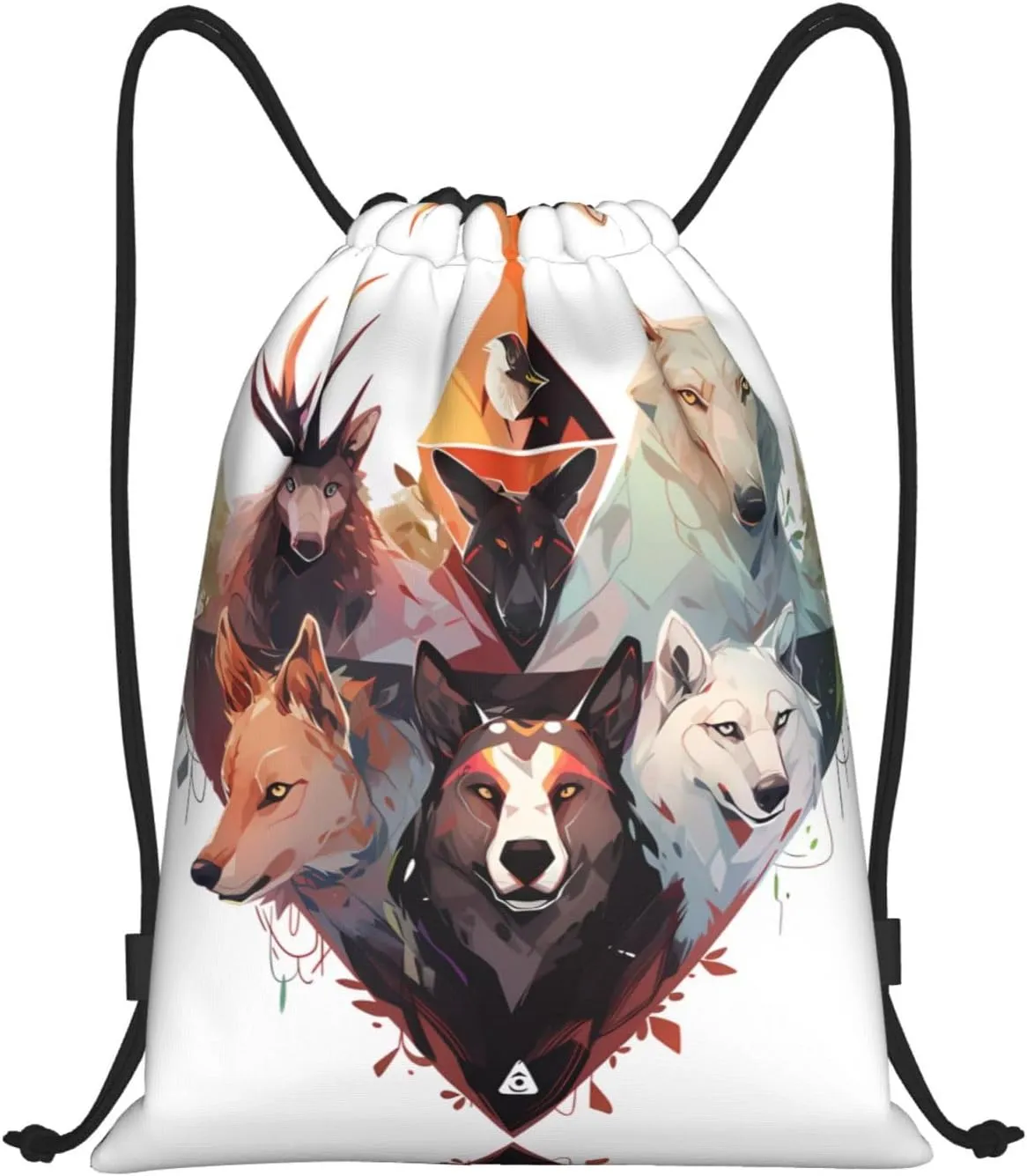 Medium Wolves and Reindeer Print Lightweight Drawstring Backpack/Waterproof Sports Gym Travel Bag, for Unisex Men Women