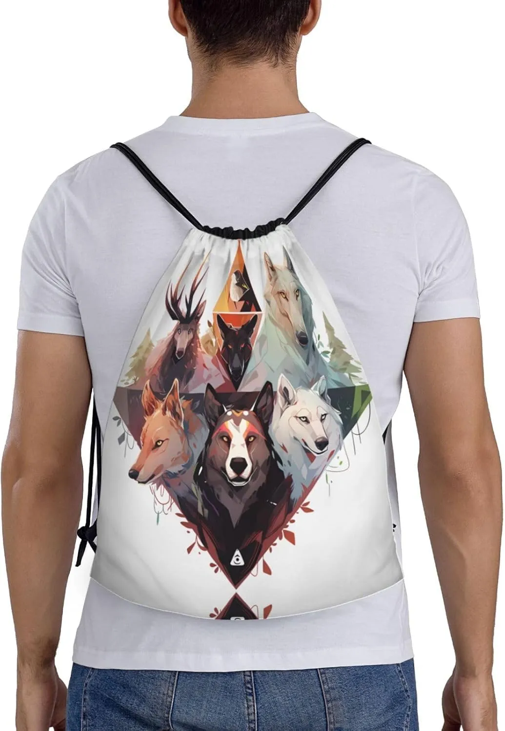 Medium Wolves and Reindeer Print Lightweight Drawstring Backpack/Waterproof Sports Gym Travel Bag, for Unisex Men Women
