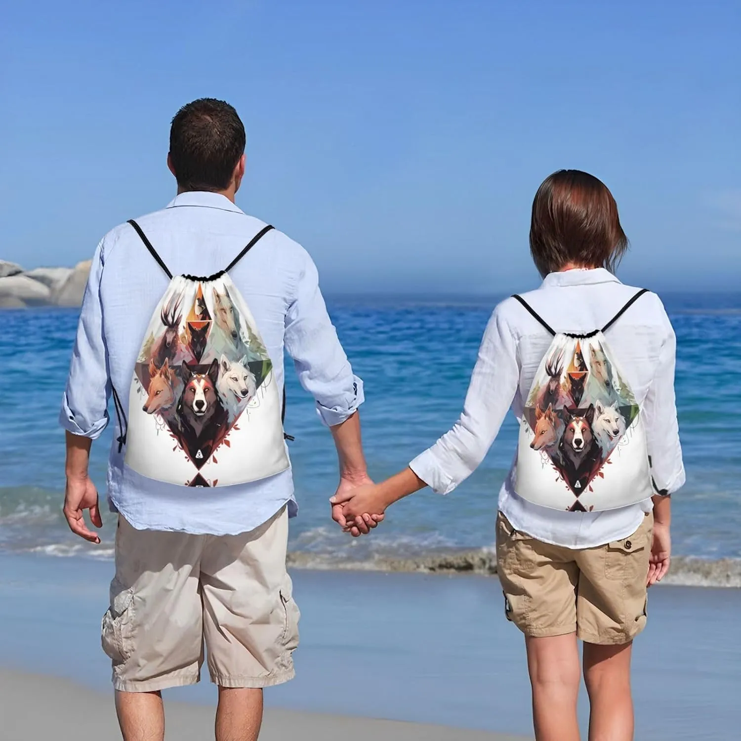 Medium Wolves and Reindeer Print Lightweight Drawstring Backpack/Waterproof Sports Gym Travel Bag, for Unisex Men Women