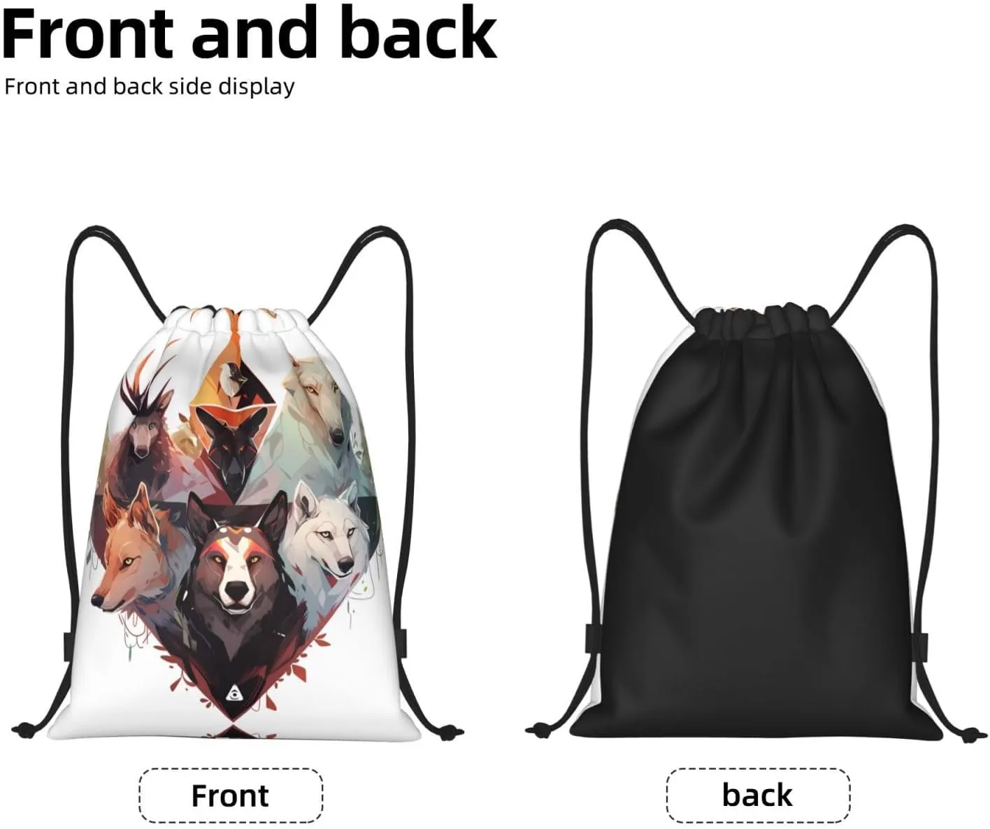 Medium Wolves and Reindeer Print Lightweight Drawstring Backpack/Waterproof Sports Gym Travel Bag, for Unisex Men Women