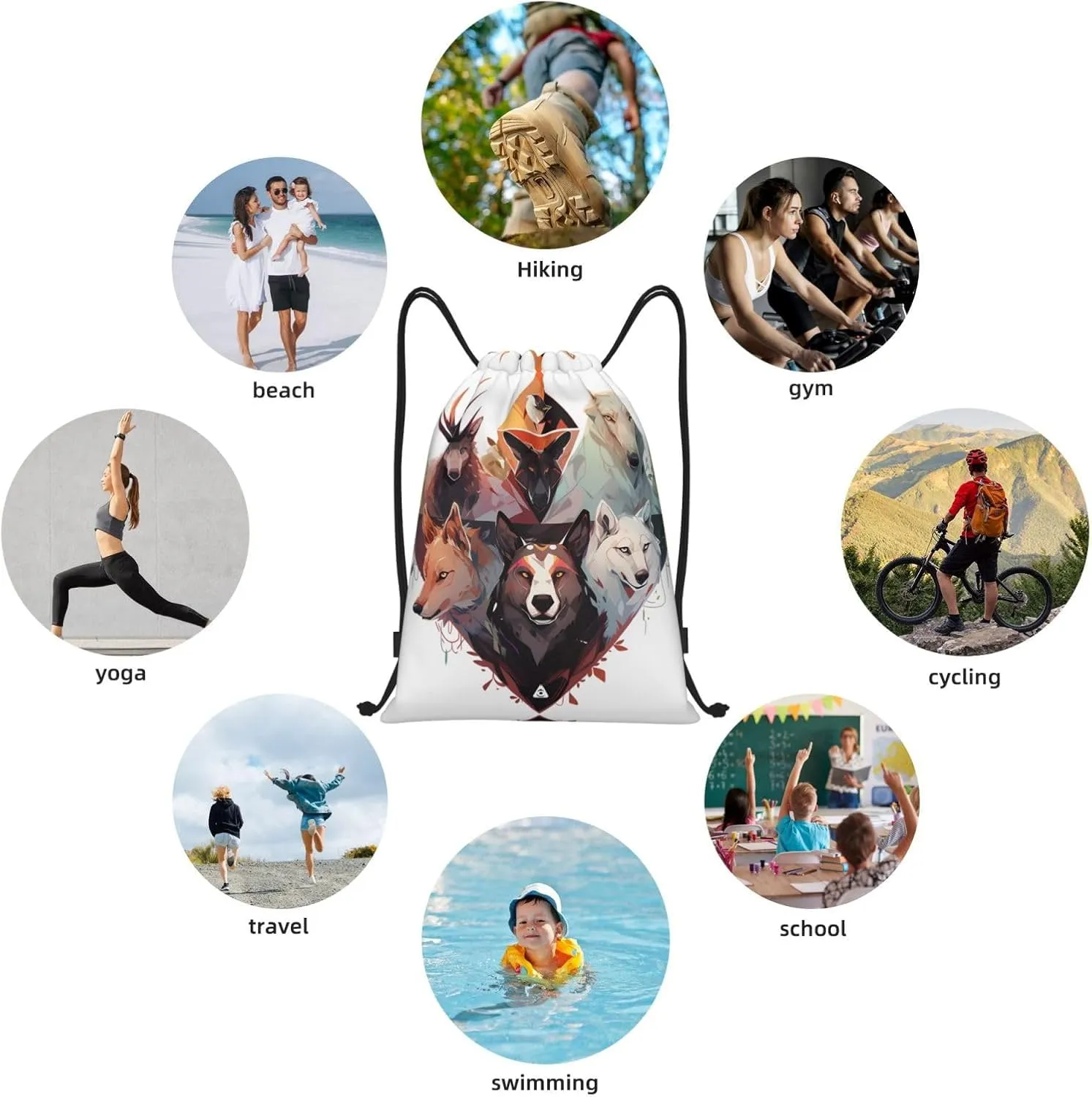 Medium Wolves and Reindeer Print Lightweight Drawstring Backpack/Waterproof Sports Gym Travel Bag, for Unisex Men Women