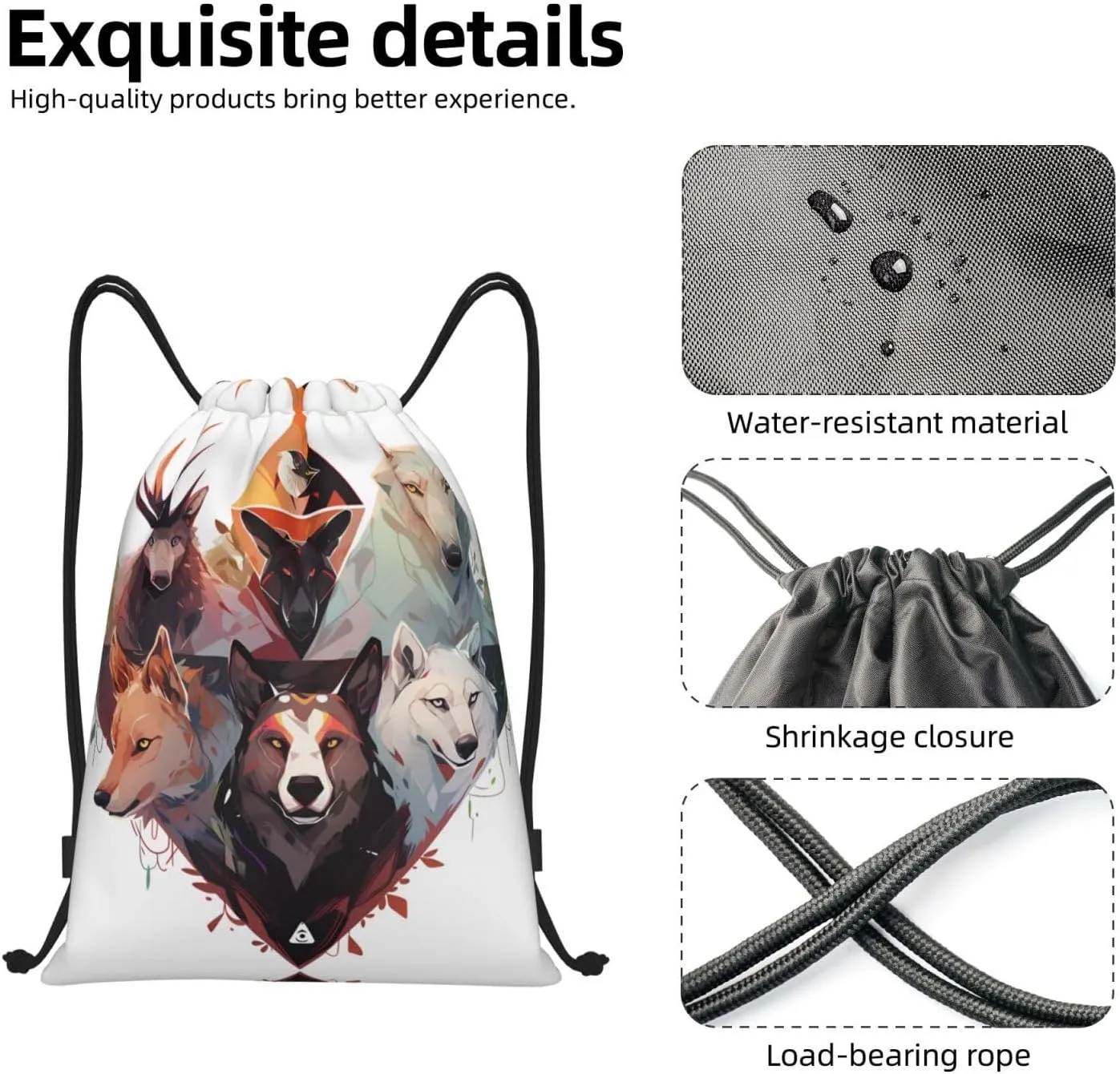 Medium Wolves and Reindeer Print Lightweight Drawstring Backpack/Waterproof Sports Gym Travel Bag, for Unisex Men Women