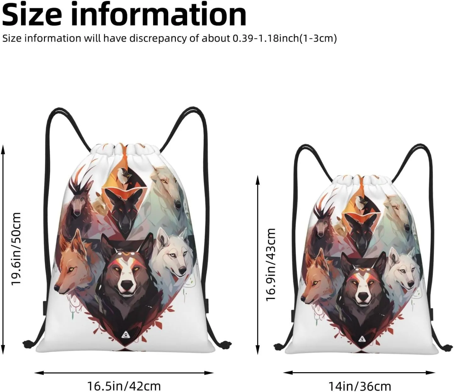 Medium Wolves and Reindeer Print Lightweight Drawstring Backpack/Waterproof Sports Gym Travel Bag, for Unisex Men Women
