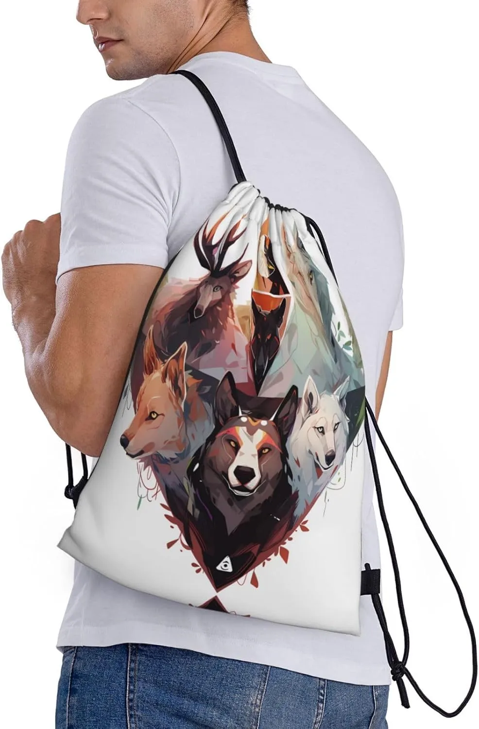 Medium Wolves and Reindeer Print Lightweight Drawstring Backpack/Waterproof Sports Gym Travel Bag, for Unisex Men Women