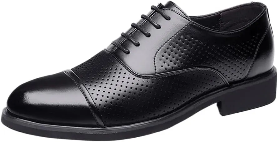 Men's Black Oxford Dress Shoes, Leather Business Shoes with Hollow Design, Heightening Formal Shoes for Men, Modern Cowhide Lace-Up Dress Shoes