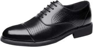 Men's Black Oxford Dress Shoes, Leather Business Shoes with Hollow Design, Heightening Formal Shoes for Men, Modern Cowhide Lace-Up Dress Shoes