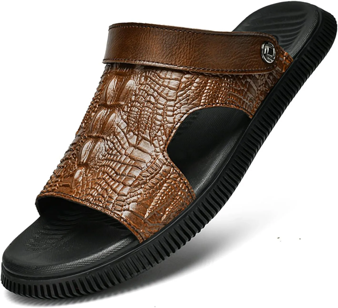Men's Genuine Leather Fashion Sandals Classic Printing Open Toe Slingback Straps Slip-On Beach Flat Sandals Non-Slip Soft Comfortable Slide Sandals