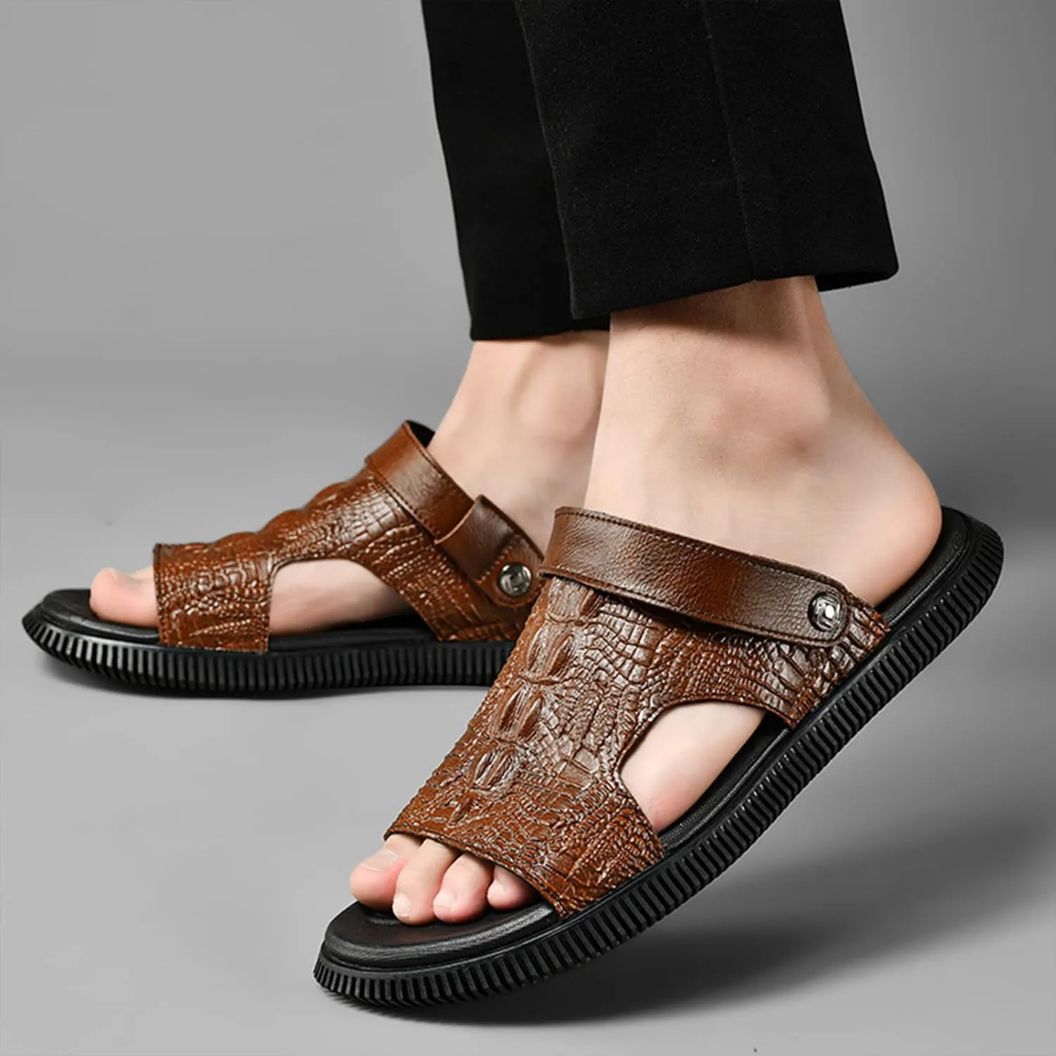 Men's Genuine Leather Fashion Sandals Classic Printing Open Toe Slingback Straps Slip-On Beach Flat Sandals Non-Slip Soft Comfortable Slide Sandals