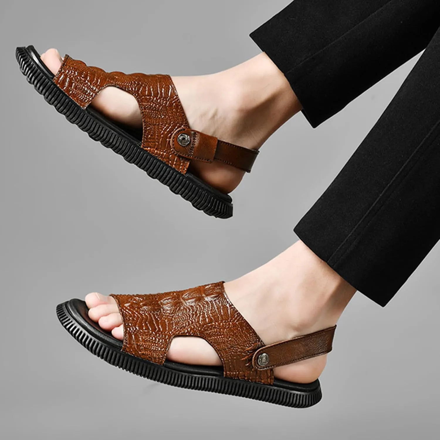 Men's Genuine Leather Fashion Sandals Classic Printing Open Toe Slingback Straps Slip-On Beach Flat Sandals Non-Slip Soft Comfortable Slide Sandals