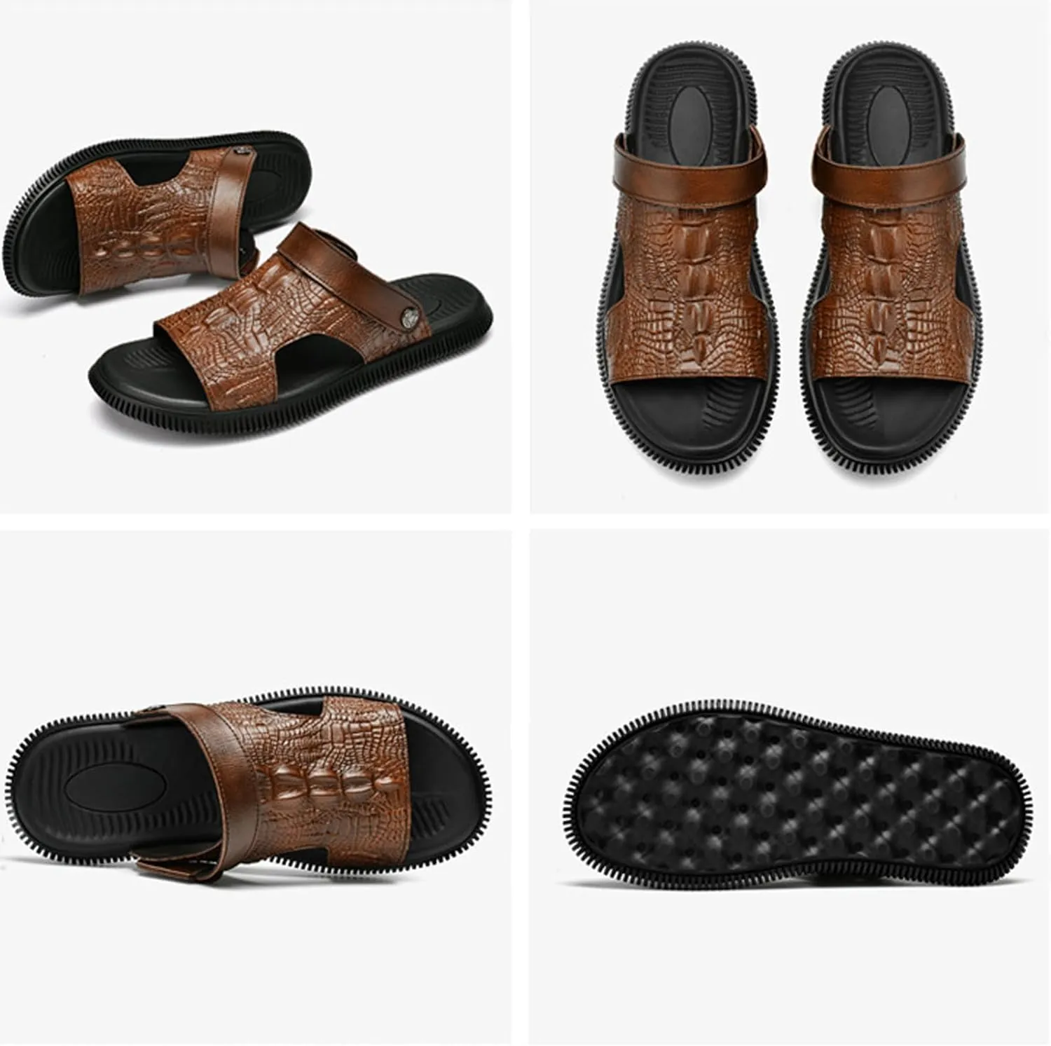 Men's Genuine Leather Fashion Sandals Classic Printing Open Toe Slingback Straps Slip-On Beach Flat Sandals Non-Slip Soft Comfortable Slide Sandals