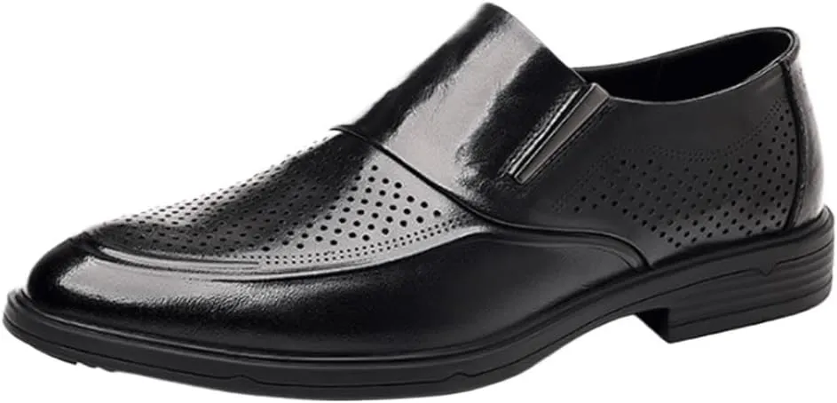 Men's Hollow Formal Leather Shoes, Breathable Slip-On Pointed Toe, Burnished Toe, Non-Slip Block Heel, Low Top Business Dress Shoes