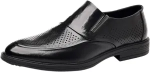 Men's Hollow Formal Leather Shoes, Breathable Slip-On Pointed Toe, Burnished Toe, Non-Slip Block Heel, Low Top Business Dress Shoes