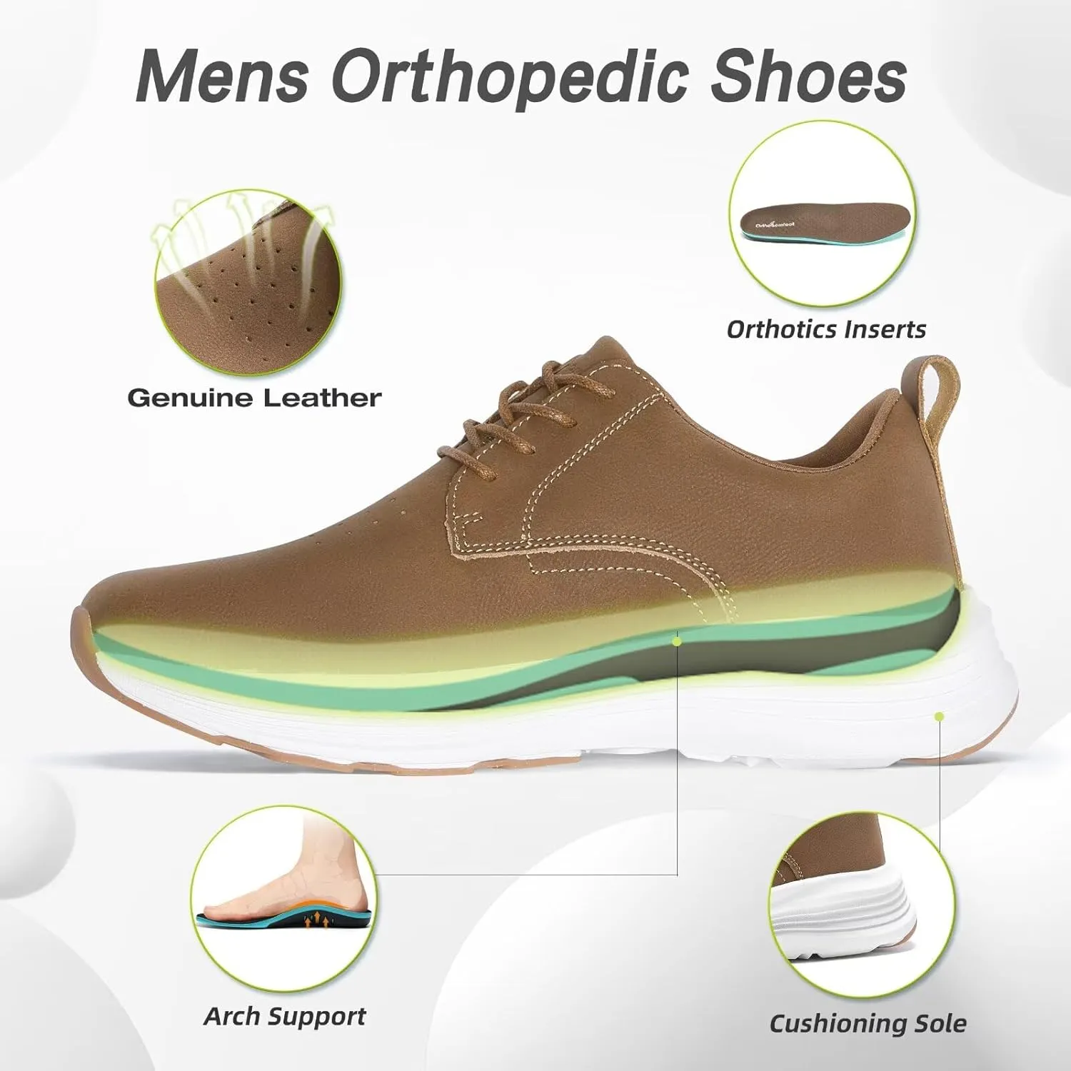 Men's Orthopedic Leather Dress Shoes: Casual Arch Support Plantar Fasciitis Orthotic Walking Business Oxford, Comfortable High Arch Golf Tennis Work Sneakers for Foot Heel Pain Relief