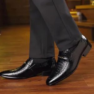 Men's Slip-On Oxford Dress Shoes, Round Toe Crocodile Print Leather, Anti-Slip Rubber Sole, Block Heel, Formal Business Work Shoes for Tuxedo & Outdoor