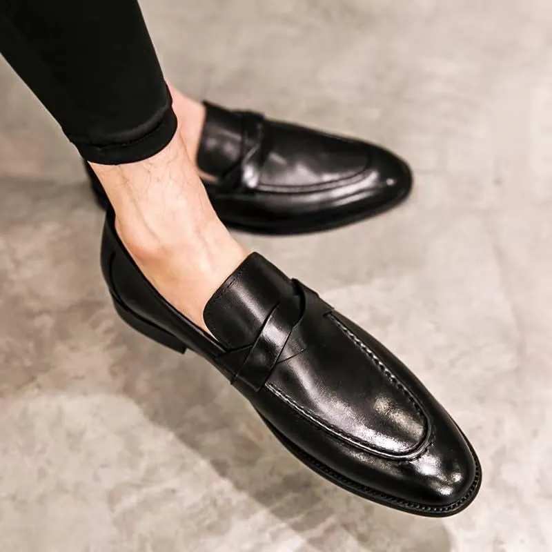 Men's Slip-On Oxford Shoes, Round Toe Crocodile Print Cowhide Leather, Anti-Slip Block Heel, Rubber Sole, Slip-Resistant Outdoor Dress Shoes for Prom