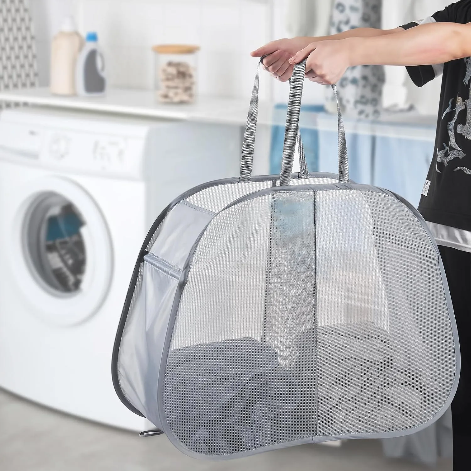 Mesh Popup Laundry Hamper 2 Compartment, Collapsible Laundry Sorter Basket Foldable Hamper for Clothes, College Dorm, Travel (Gray)