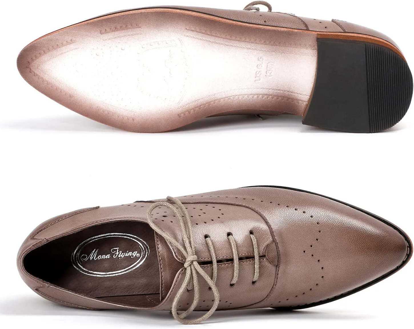 Mona flying Women's Pointed Toe Leather Oxfords Brogue Stylish Lace up Leather Shoes for Work