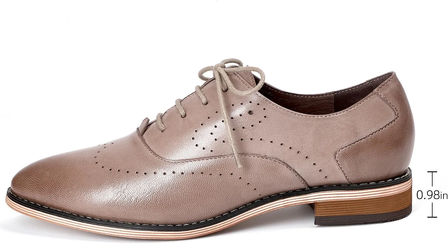 Mona flying Women's Pointed Toe Leather Oxfords Brogue Stylish Lace up Leather Shoes for Work
