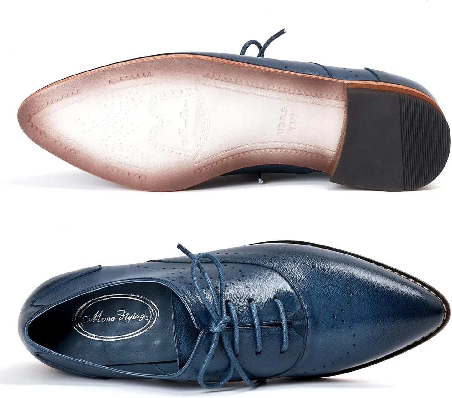 Mona flying Women's Pointed Toe Leather Oxfords Brogue Stylish Lace up Leather Shoes for Work