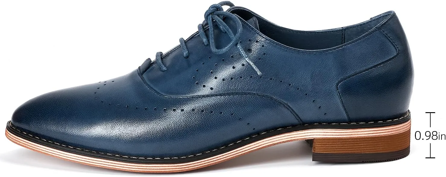 Mona flying Women's Pointed Toe Leather Oxfords Brogue Stylish Lace up Leather Shoes for Work